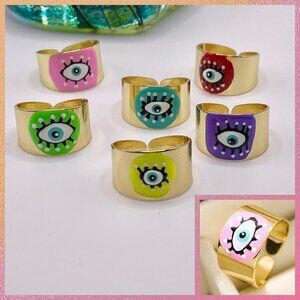 Boho Evil Eye Enamel and Copper Adjustable Ring #1300 LIGHT PINK
